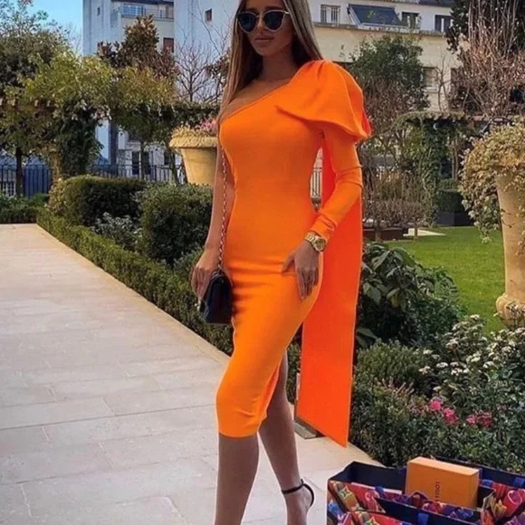 ORANGE BOWKNOT ONE SHOULDER LONG SLEEVE BODYCON BANDAGE MIDI DRESS